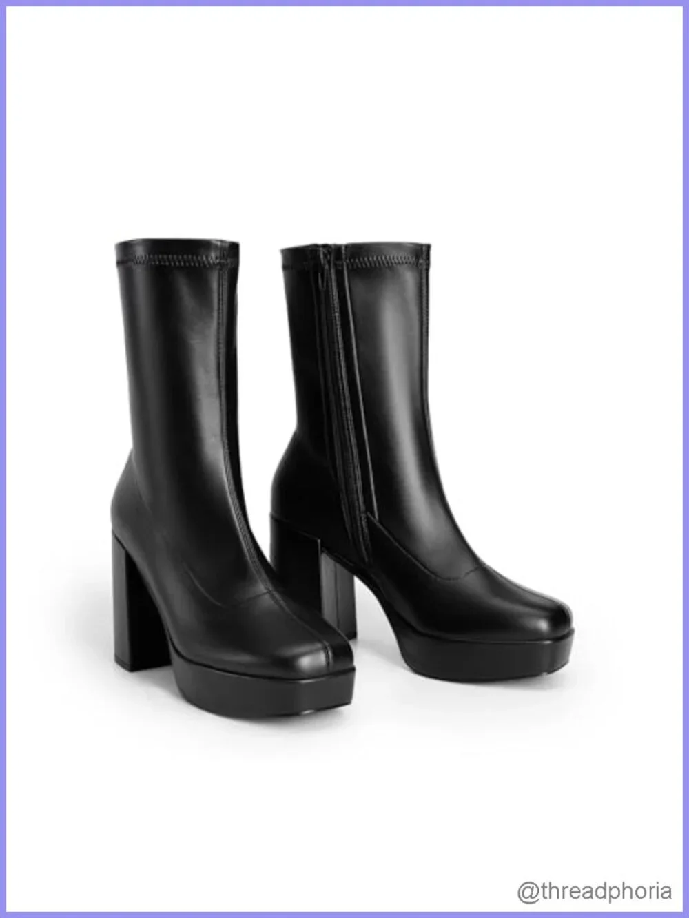 Womens Mid Calf Platform Gogo Boots Square Toe Chunky Heel Faux Leather